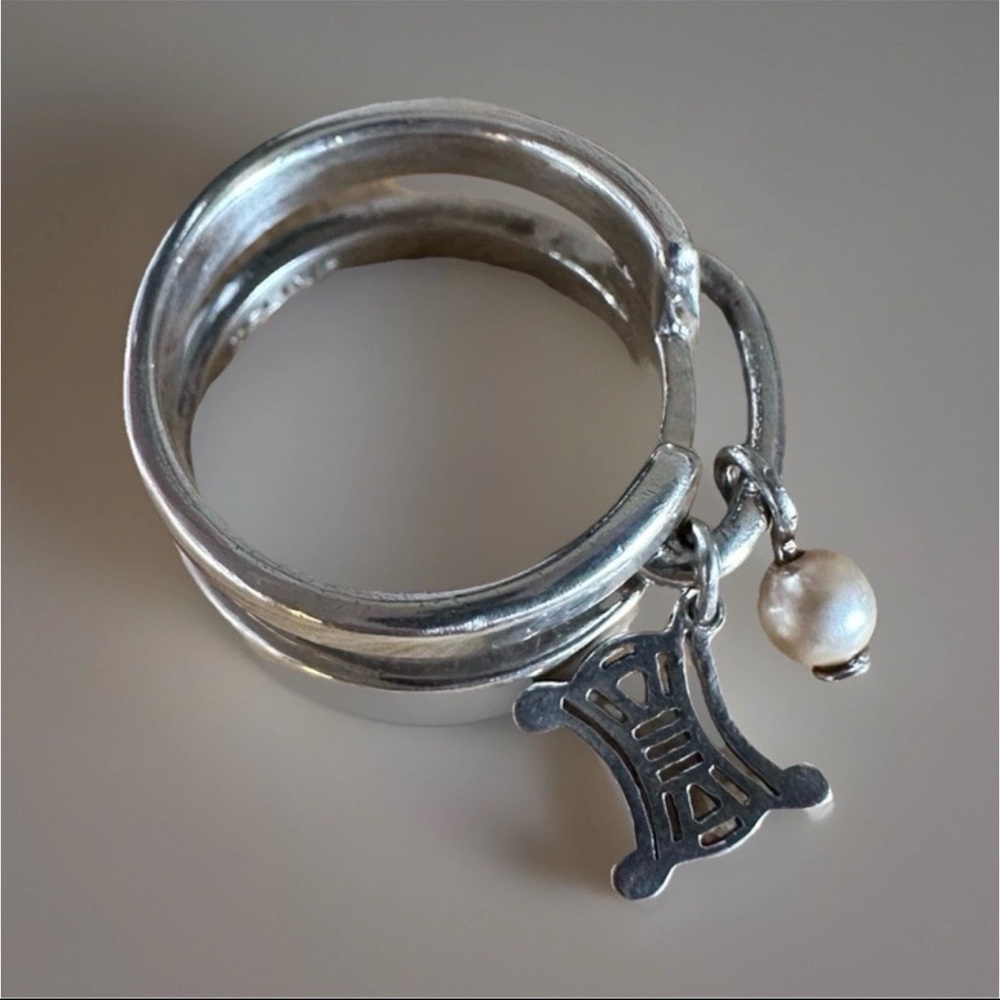 Celine RARE .925 Sterling Silver Double Band Ring w/ Triomphe & Pearl Charms
